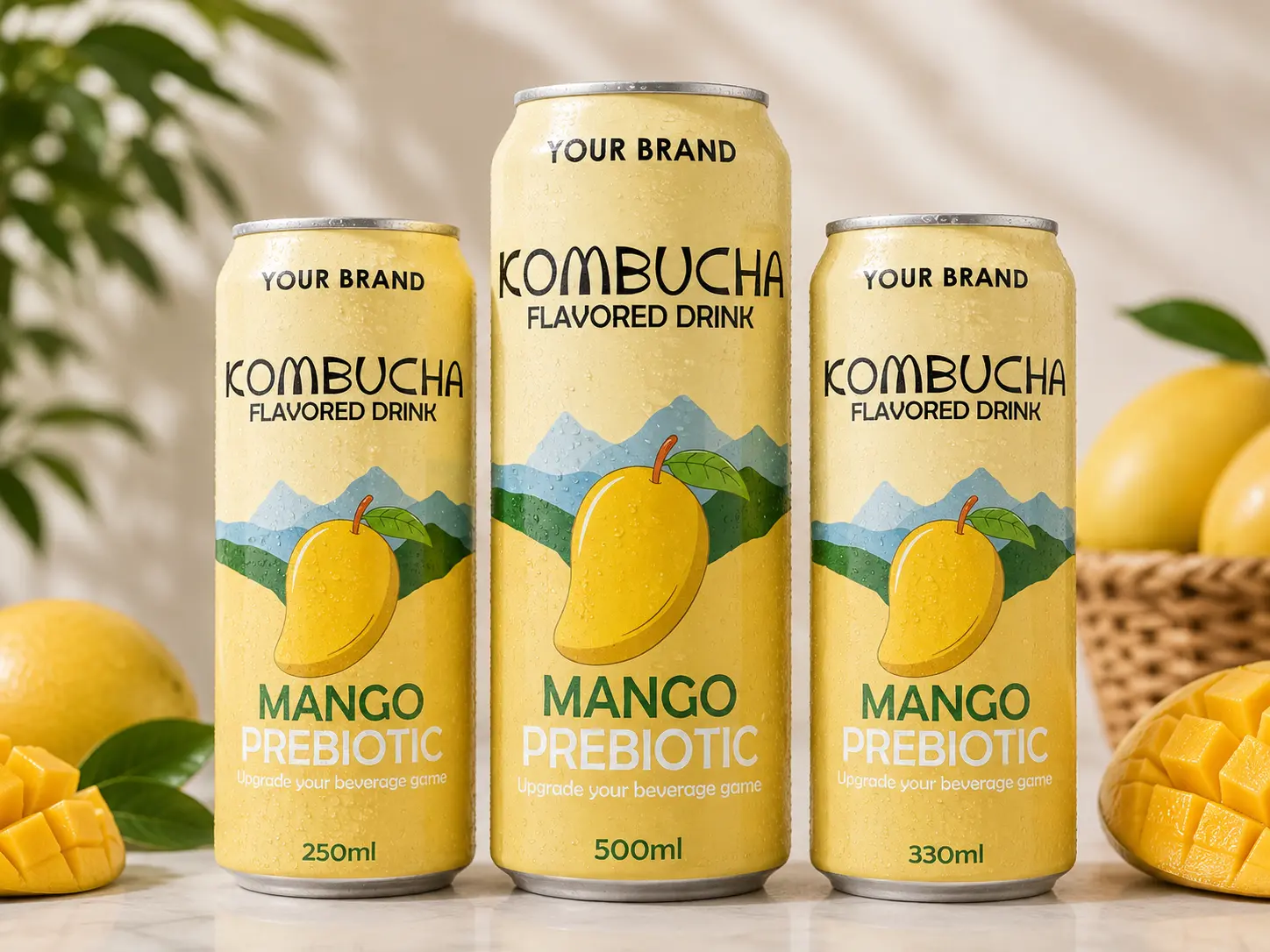 KOMBUCHA DRINK Mango Prebiotic in 250ml, 330ml and 500ml cans.